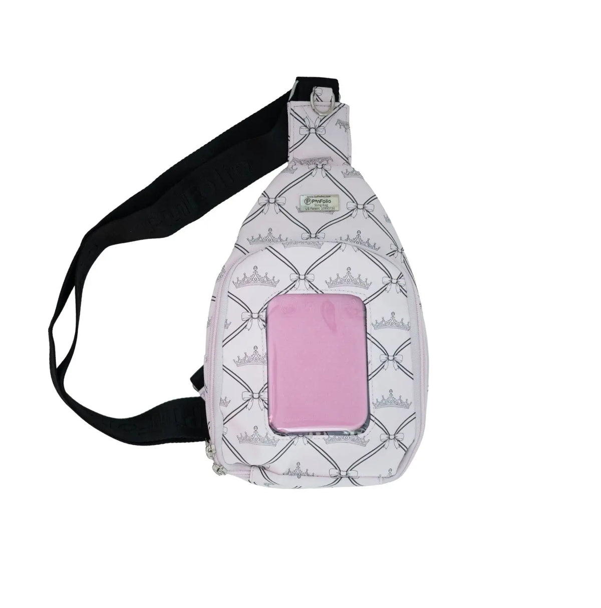 PinFolio® Sling Bag in Crown print with clear front window