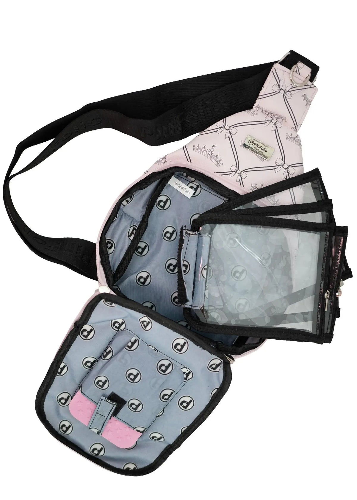 PinFolio® Sling Bag in Crown print, open with removable pouches
