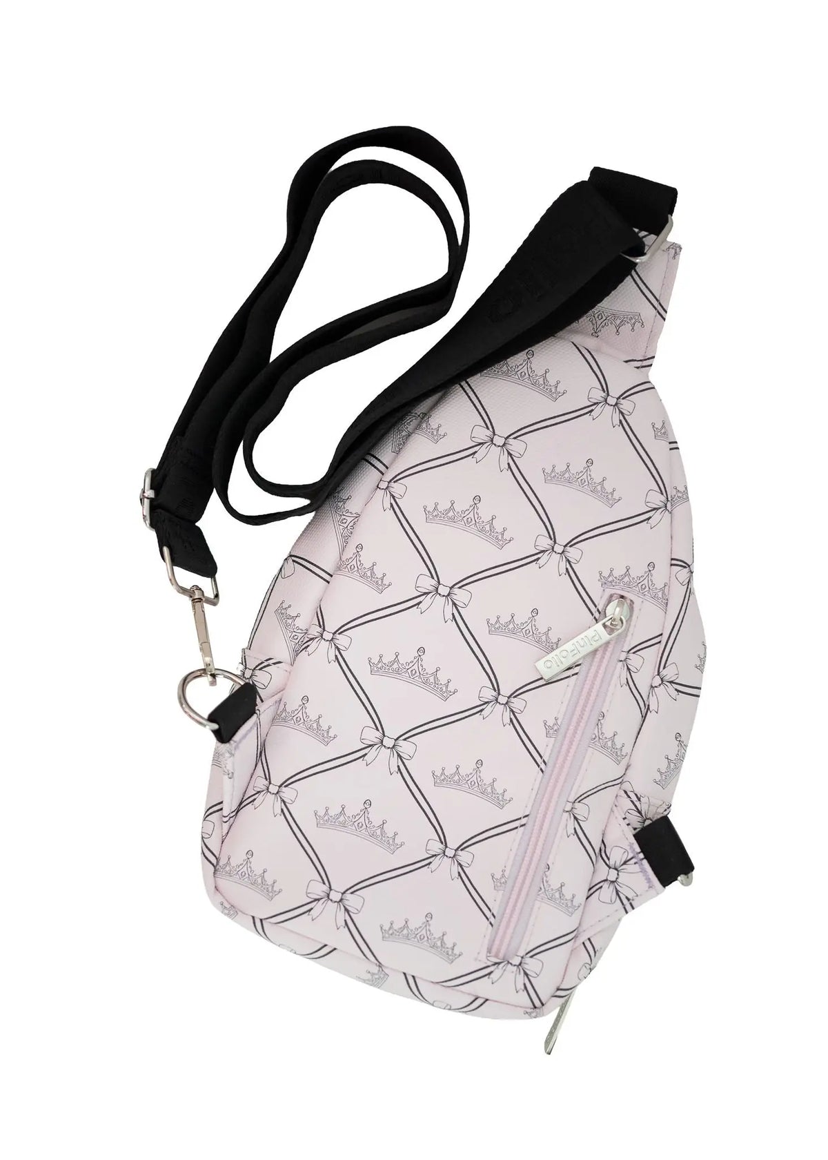PinFolio® Sling Bag in Crown print, back view with strap